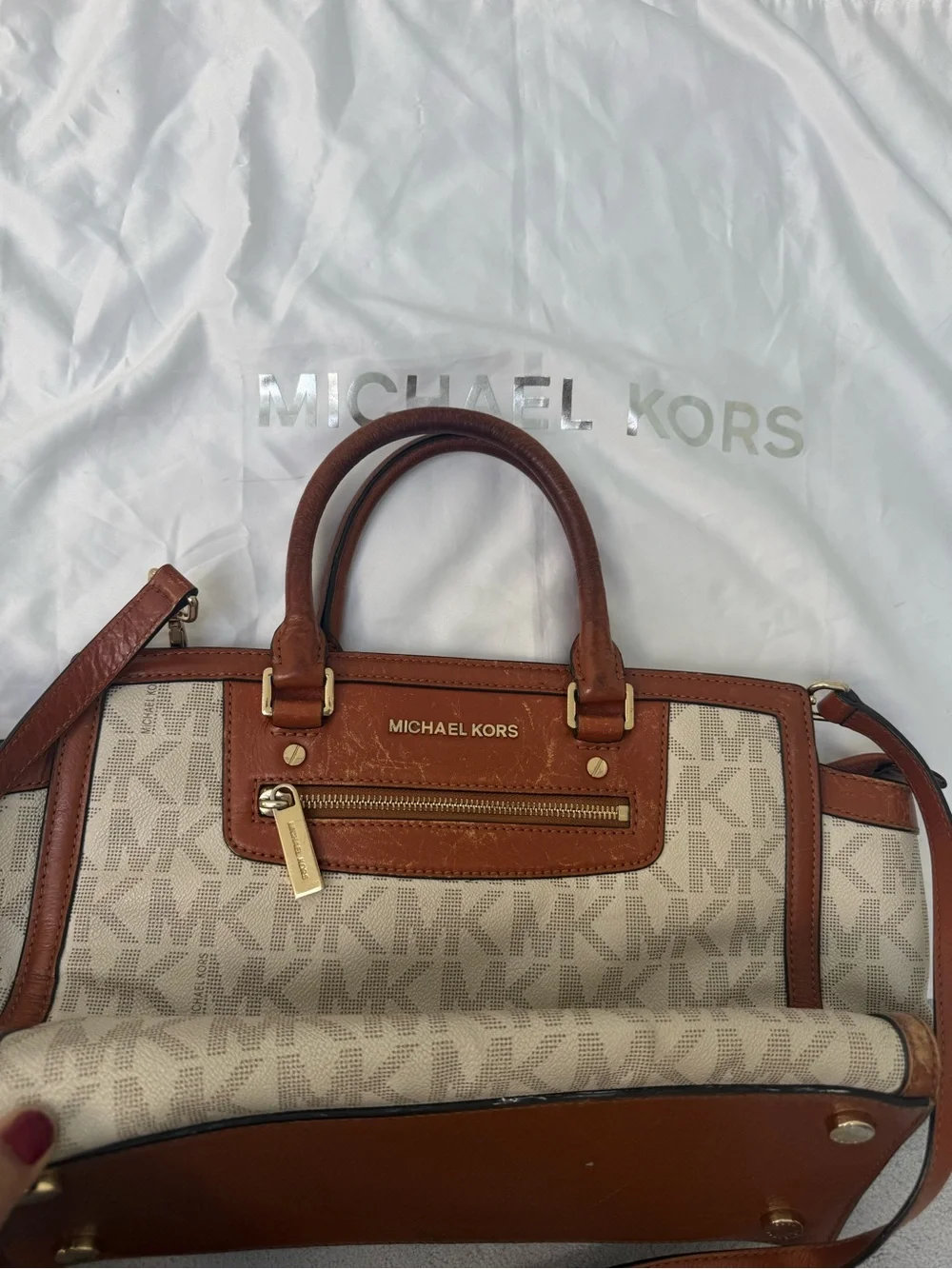 Michael Kors Brown and Cream Logo Satchel with Gold-Tone Hardware